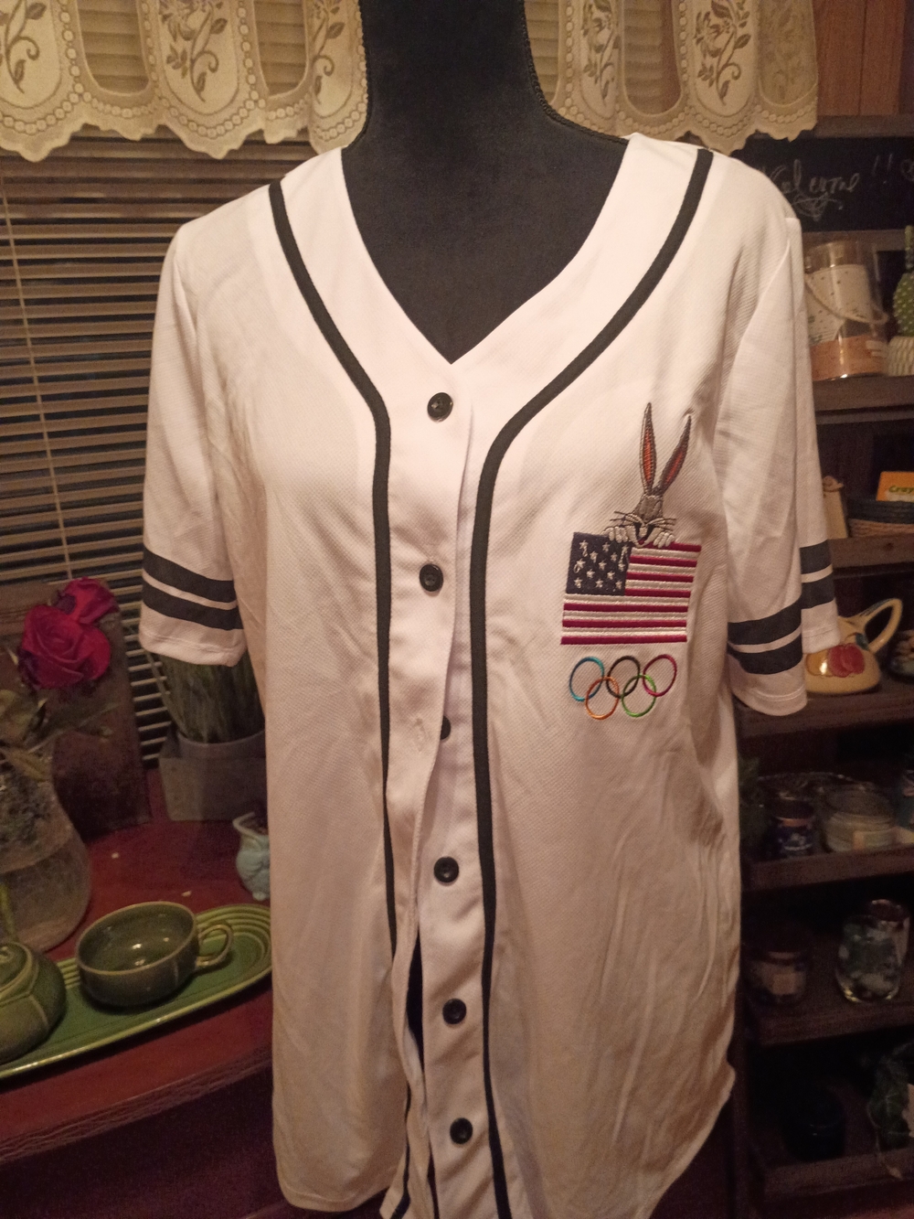 Warner Bros. White Baseball Jersey with Black Trim and Olympic Patch